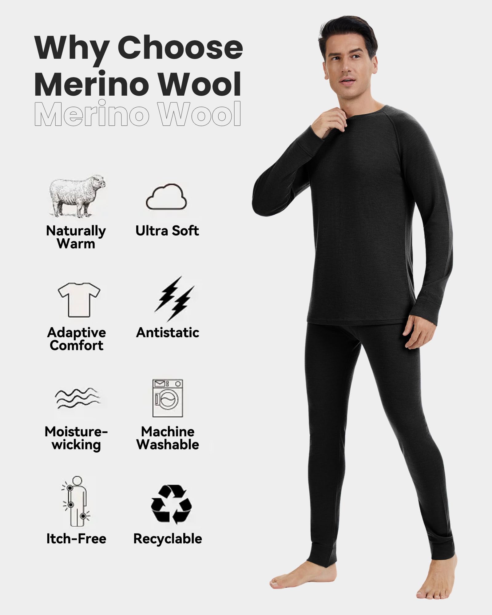 Ensemble Thermique Homme, 100% Laine Mérinos, sous-vêtements Techniques Légers pour Ski, Activités de Plein Air & Hiver