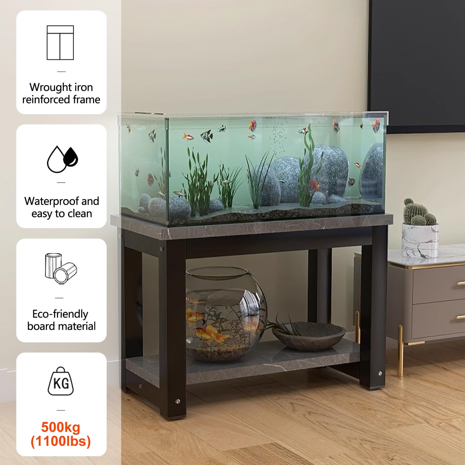 Stojak pod Akwarium z Półką, Metalowy Regał Wytrzymały, Dwupoziomowa Półka na Terrarium dla Gadów, Stolik Akwariowy z Płytą MDF, Stojak na Rośliny do Salonu Biura Sypialni(Brown+Black,60x30cm)