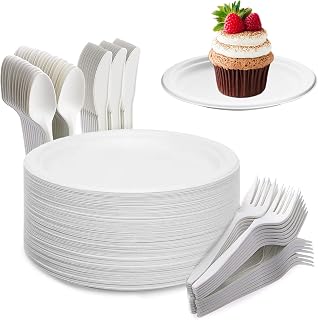 Juego de 200 platos desechables, ecológicos, caña de azúcar, biodegradables, plato tenedores, cuchillos y cucharas para fiestas, acampadas y picnics, color blanco
