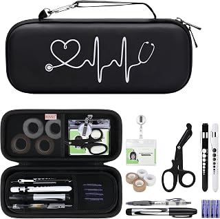 BOVKE Stethoscope Case Nurse Tool Sets Contains Stethoscope Case, Medical Scissors, 2 Penlights, Bandage Wraps, Name Card Holder, 15Pcs Nursing School Essentials for Nurse Work, Black+Black