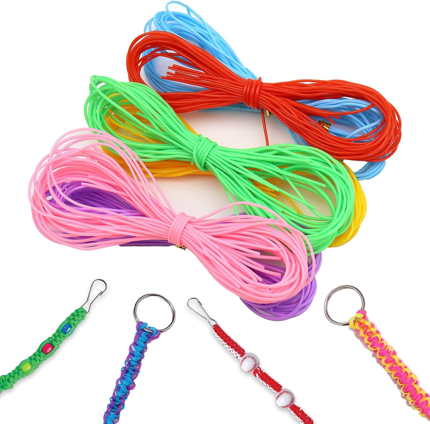 Plastic Lacing Strings, 200 Pieces DIY Handmade Craft Gimp Lacing Cord Weaving Rope for Jewelry Making-20 Color with 10 PCS Snap Clips and 10PCS Key Chain Rings