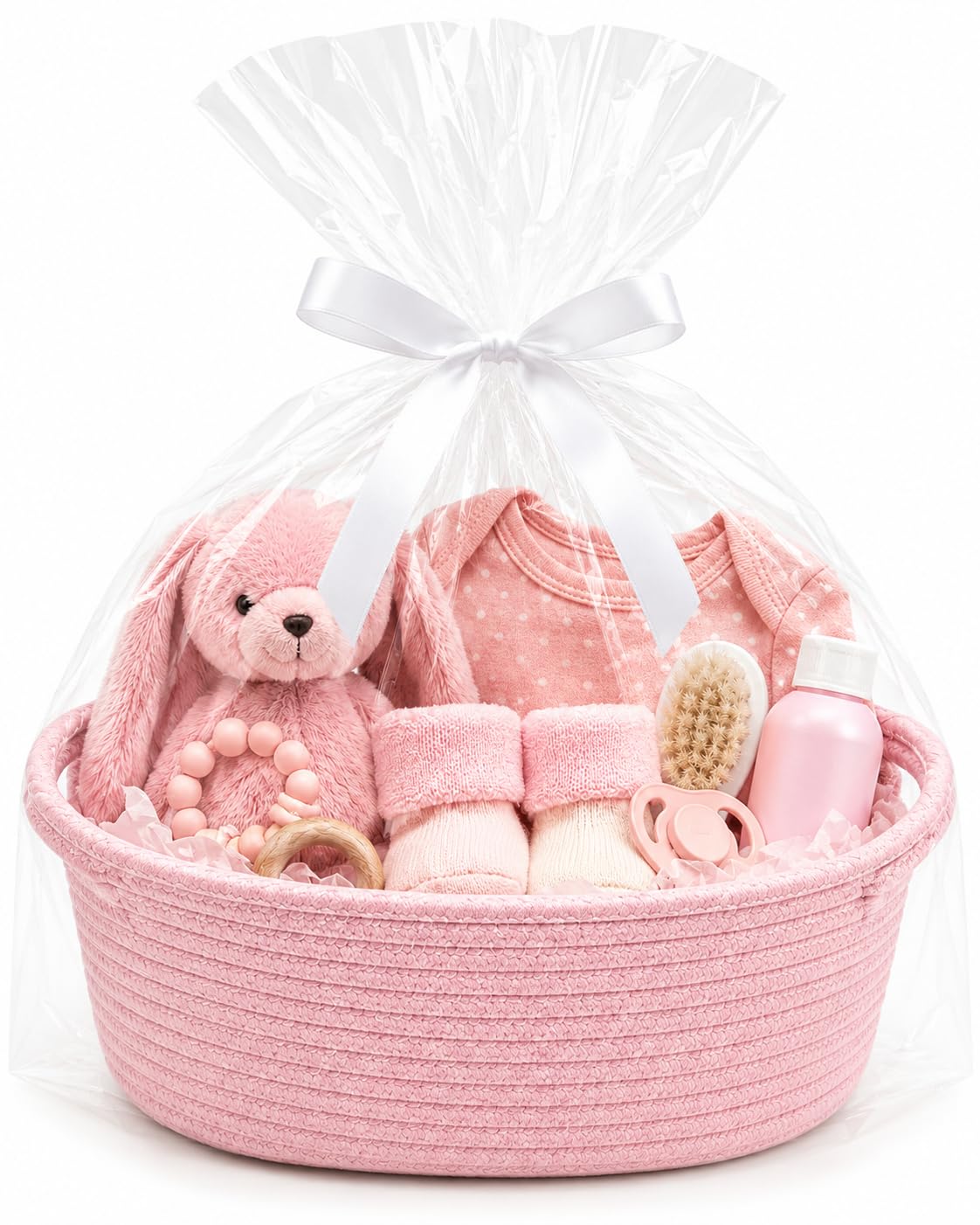 Runzefeng Gift Basket Hamper Kit, Pink Woven Rope Basket with Handles