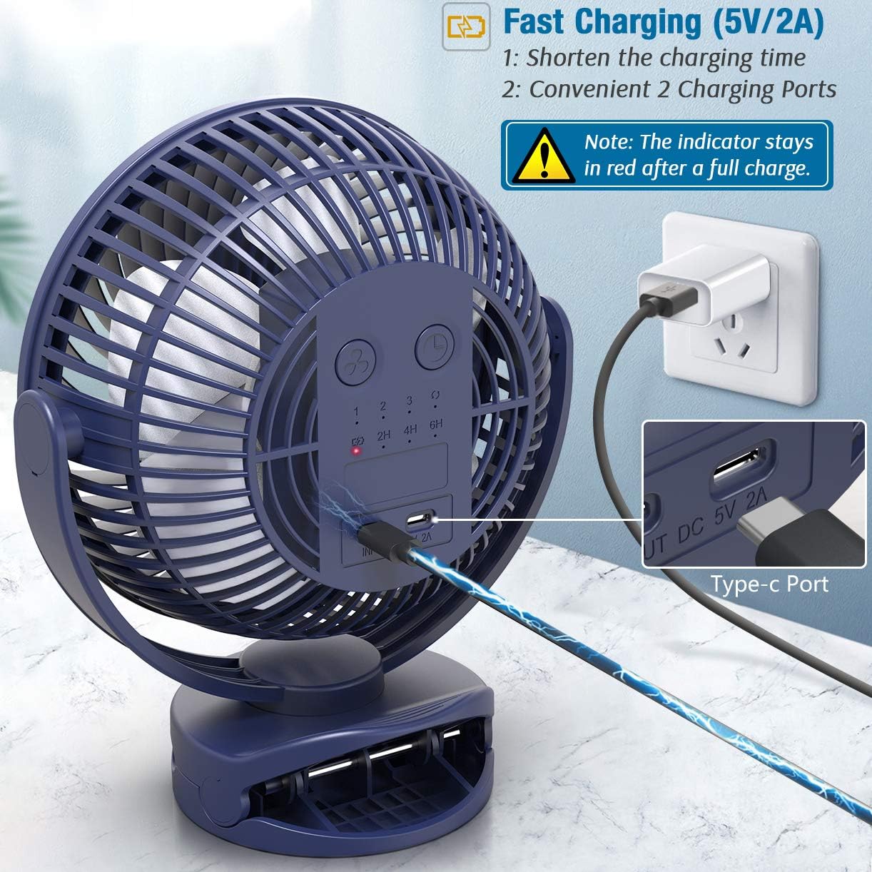 Forty4 Clip Fan being charged via USB-C, showing two charging ports.