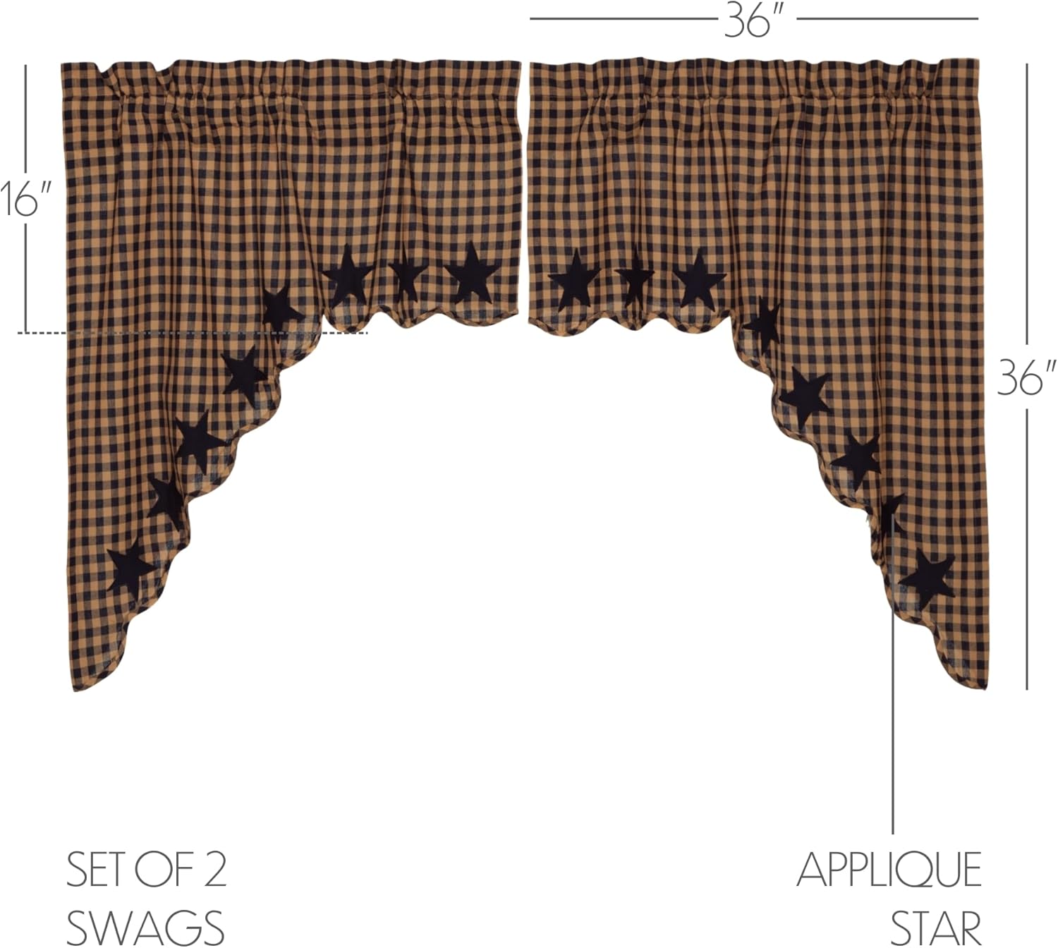 VHC Brands Navy Star Scalloped Swag Set of 2 36x36x16 Country Curtains, Navy and Tan