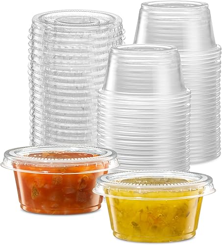 Miniatura 91 de {1 oz – 100 juegos} Vasos de plástico sumergibles negros con tapas, pequeños recipientes para control de porciones, chupitos de gelatina