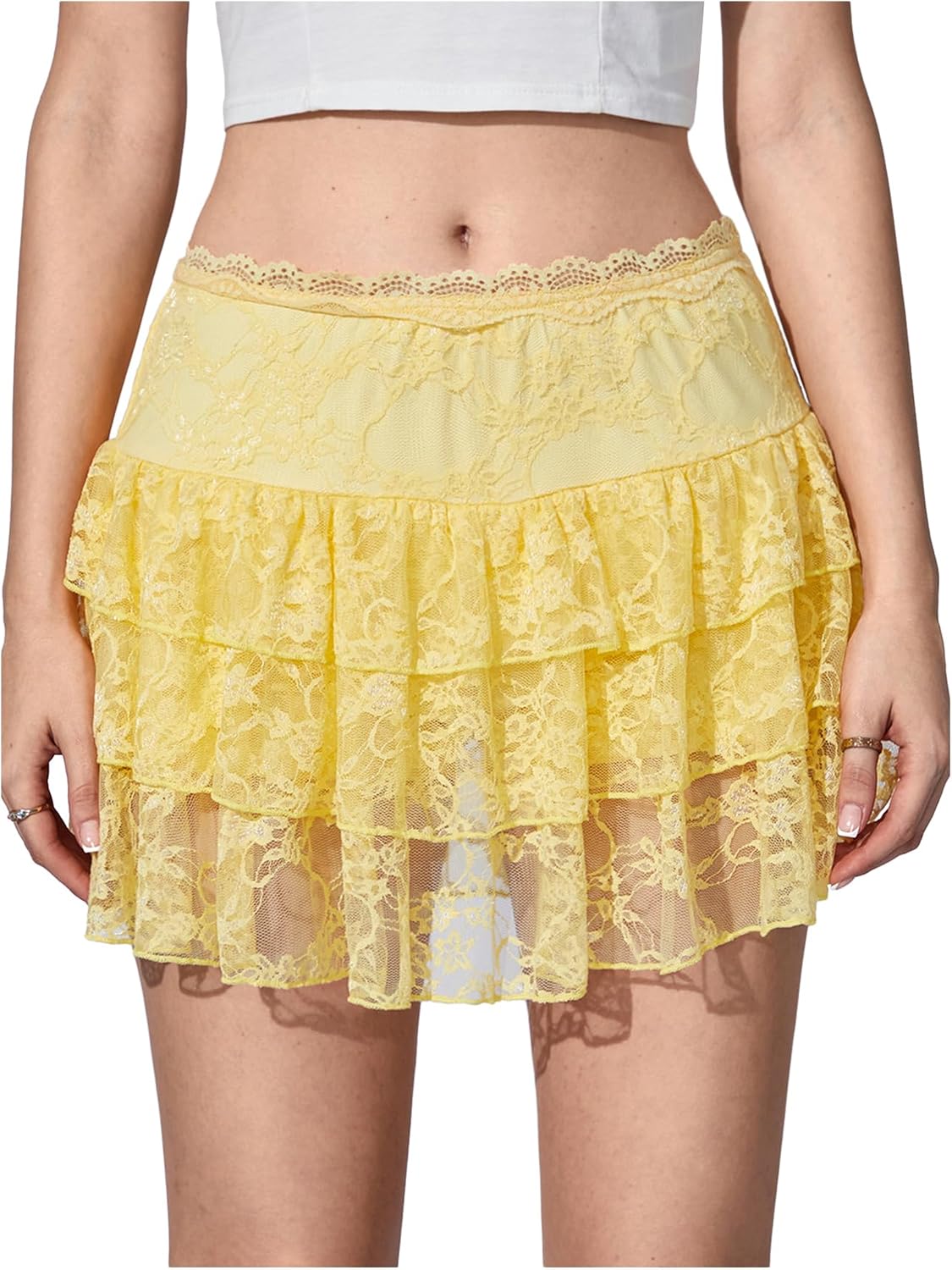 BEAUDRM Women's Y2K Lace Ruffle Skirt Going Out Party Rave Club Date Night Mini Skirts