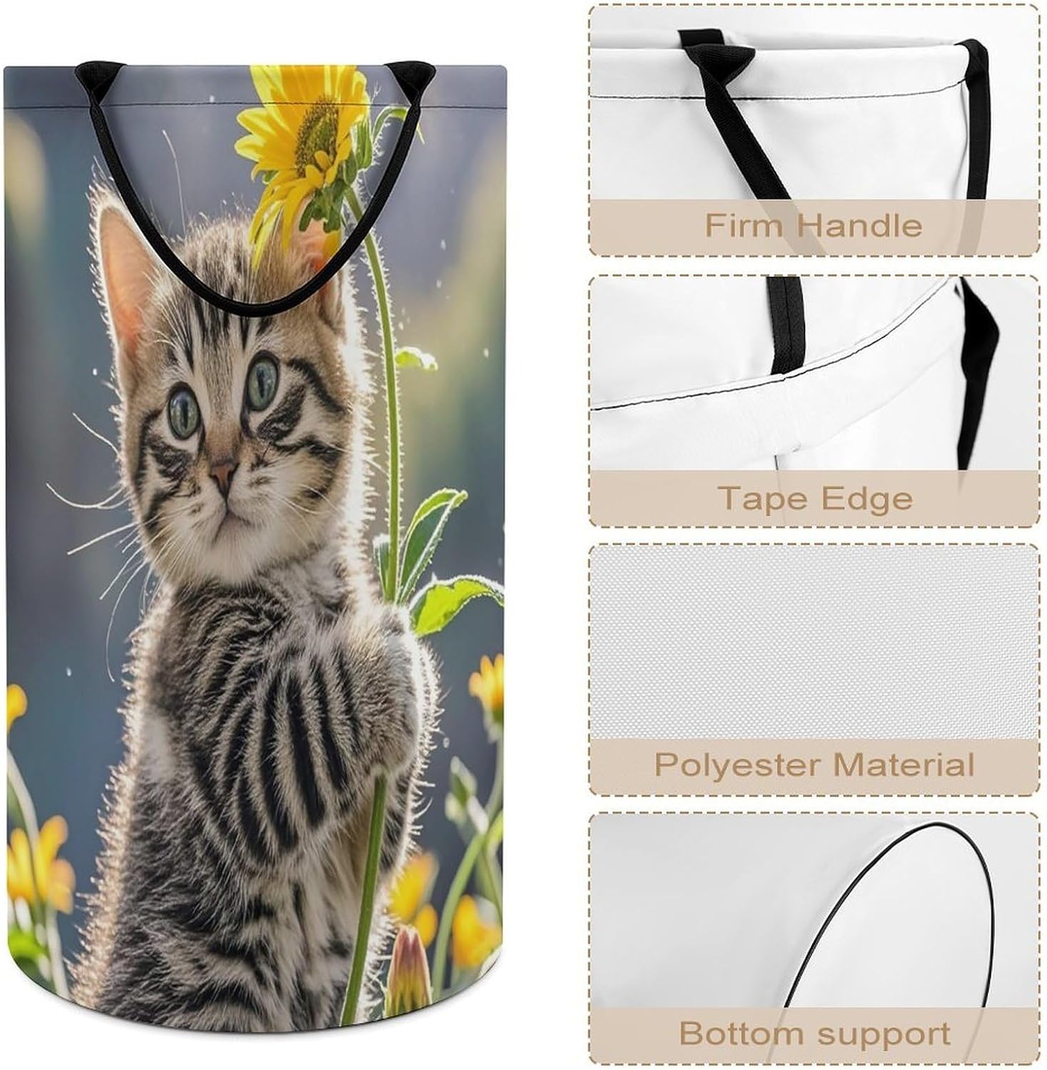 Kitten Hugging A Flower Laundry Hamper Large Collapsible Laundry Basket with Handles Waterproof Clothes Hamper Portable Dirty Clothes Basket for Bedroom Laundry Room Closet Bathroom