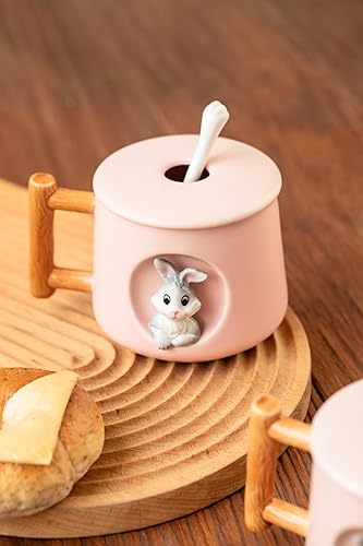 Miniatura 5 de DIHOclub Adorable taza de cerámica 3D con tapa y cuchara, perfecta para café, té, leche y más, regalo ideal para los amantes de los conejos, 14