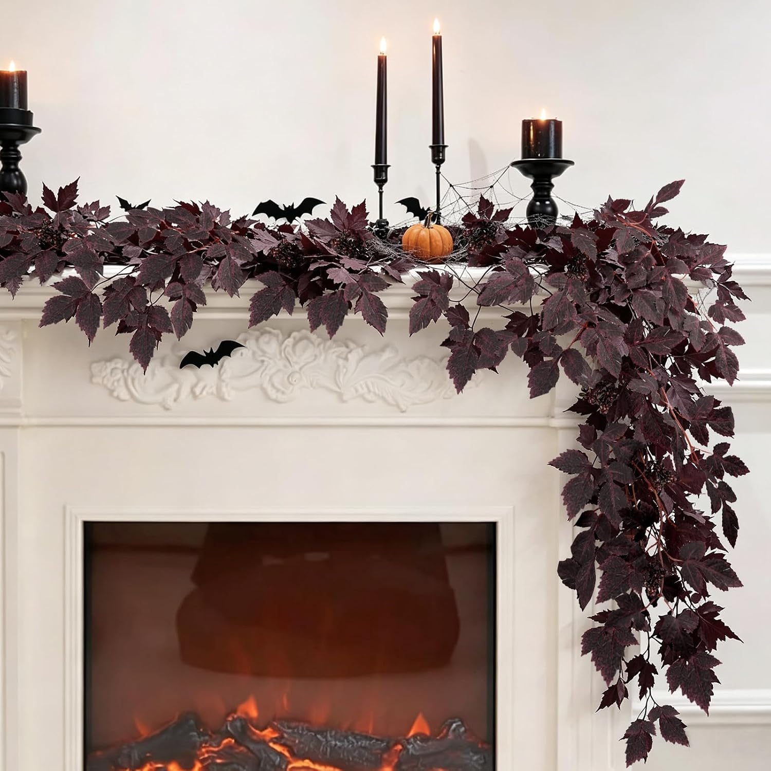 Fall Garland for Mantle, 2 Pack 7 Ft Plum Cimicifuga Seeded Leaf Garlands | Halloween Decorations, Autumn Neutral Faux Leaves Garlands for Home Table Centerpieces Fireplace, Fall Thanksgiving Decor