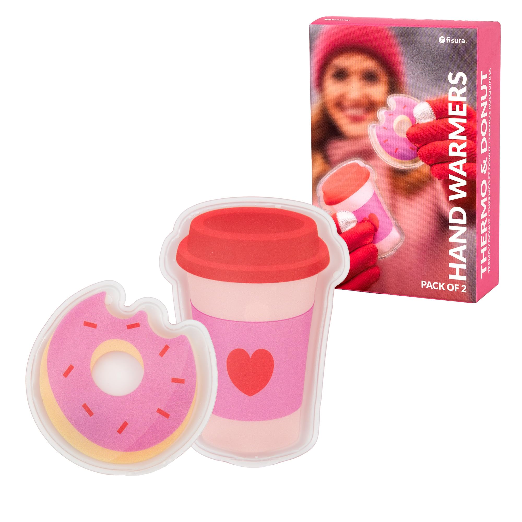 Fisura – Funny gel hand warmers “donut y termo”. Reusable mini pocket heaters for hands. Ideal for winter days, outdoor sports, festivals and chilly commutes. Set of 2.