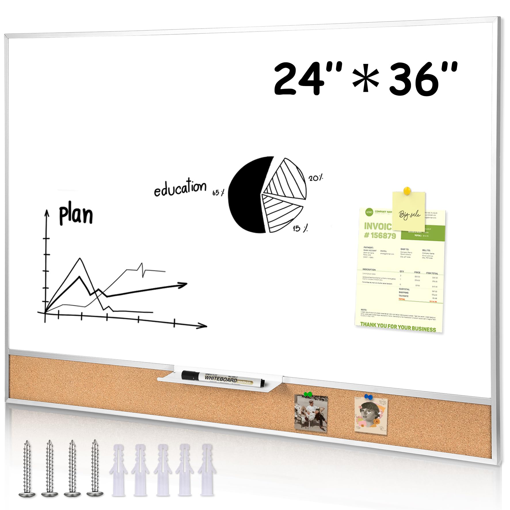 Pizarra blanca de borrado en seco con tablero de corcho para montaje en pared, 24 x 36 pulgadas, marco de aluminio plateado, pizarra blanca magnética de borrado en seco 2-1. MAR6090-LK-WH +