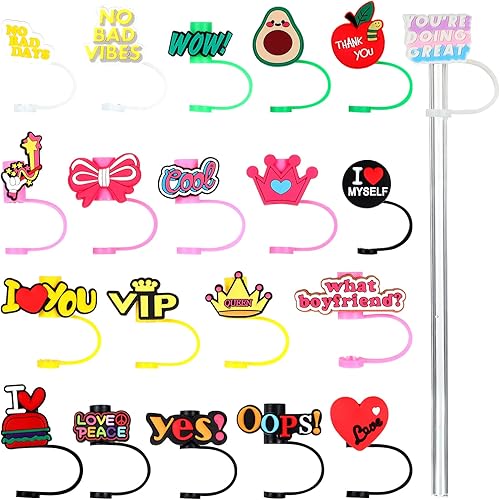 Youyole 20 piezas de silicona para pajilla, tapas reutilizables para beber, lindas palabras en inglés, puntas de paja de silicona, cubierta de