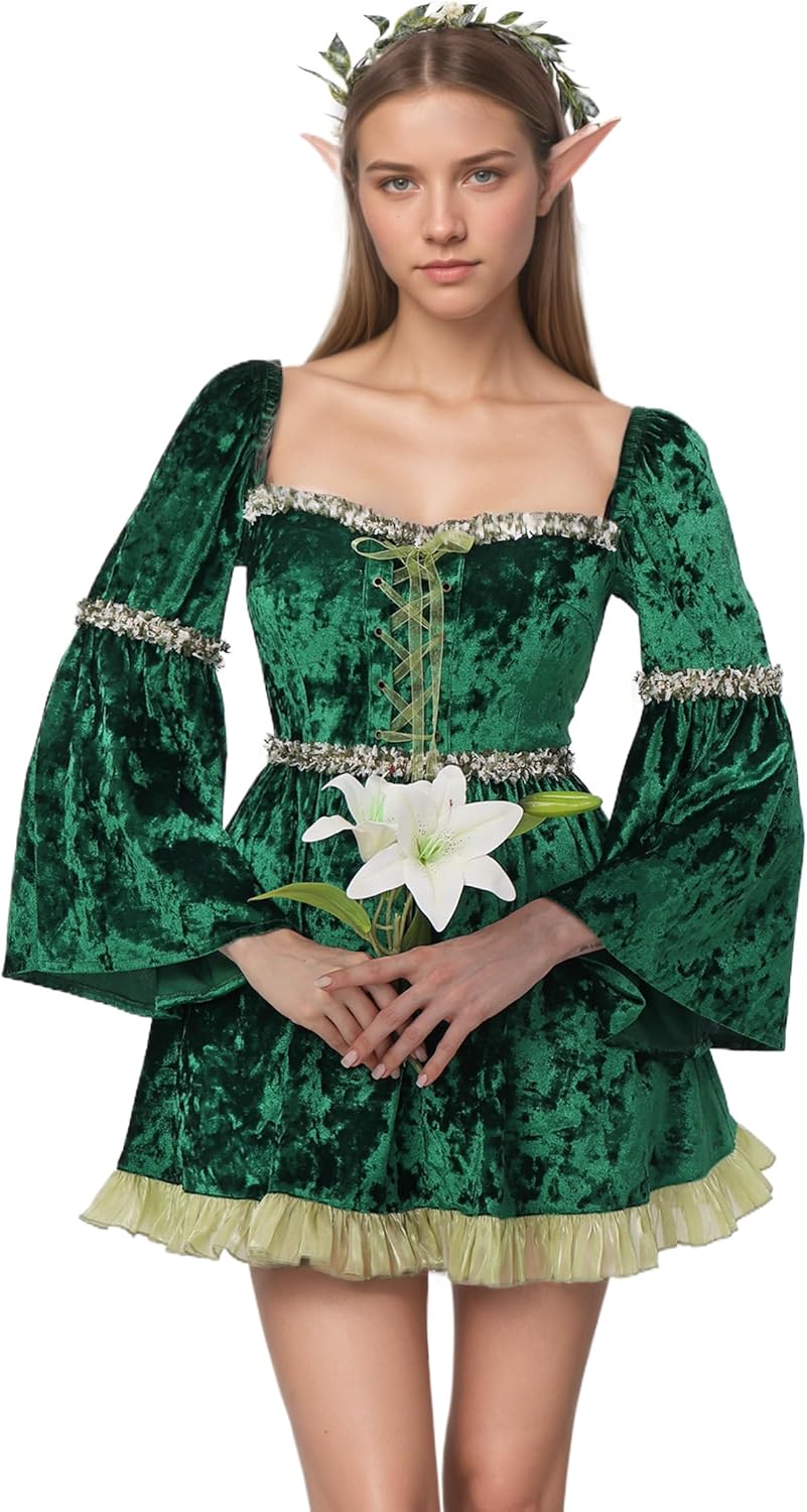 DAZCOS Womens Velvet Green Fairy Dress Long Bell Sleeve Princess Cosplay Costume for St. Patrick's Day - Image 6