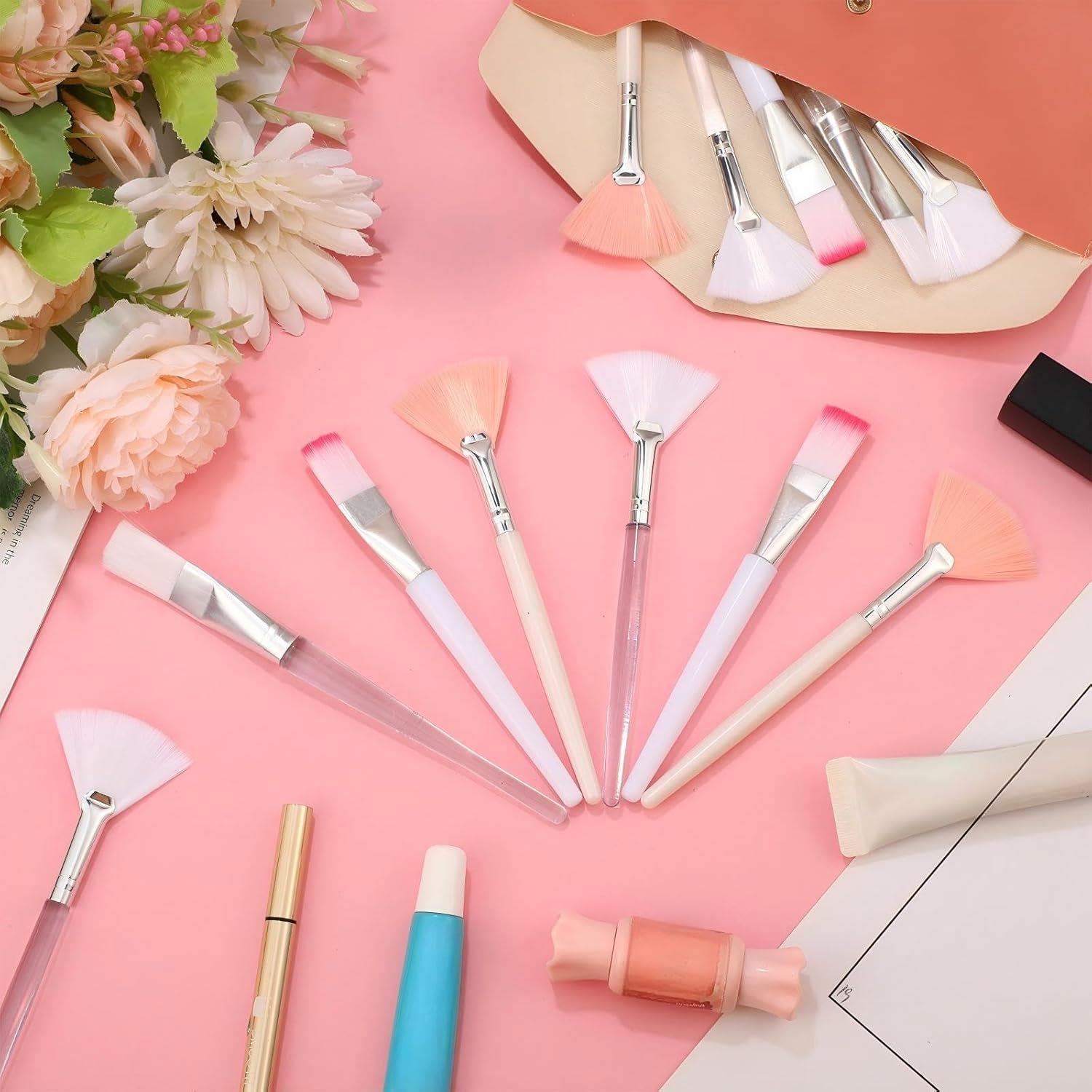 32 Pcs Face Mask Fan Brush Applicator Set Soft Fan Brush Flat Head Facial Esthetician Mask Cosmetic Makeup Tools for Eyelash Extension Peel Mud Clay face Cream(Pink)