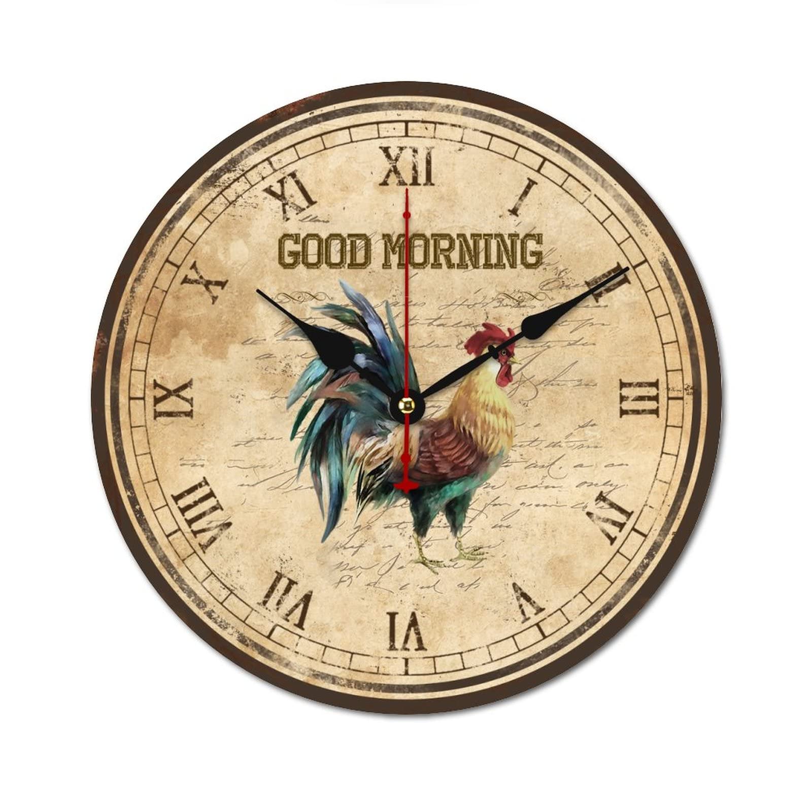 Horloge en bois coq matin pendule murale rustique 38 cm pour salon et cuisine de campagne