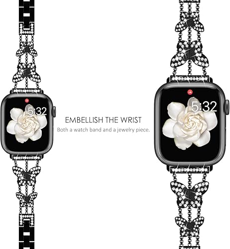 Miniatura 9 de NewWays Compatible con Apple Watch Band Butterfly de 1.496 in, 1.575 in, 1.614 in, 1.654 in, 1.732 in, 1.772 in, pulsera brillante con diamantes