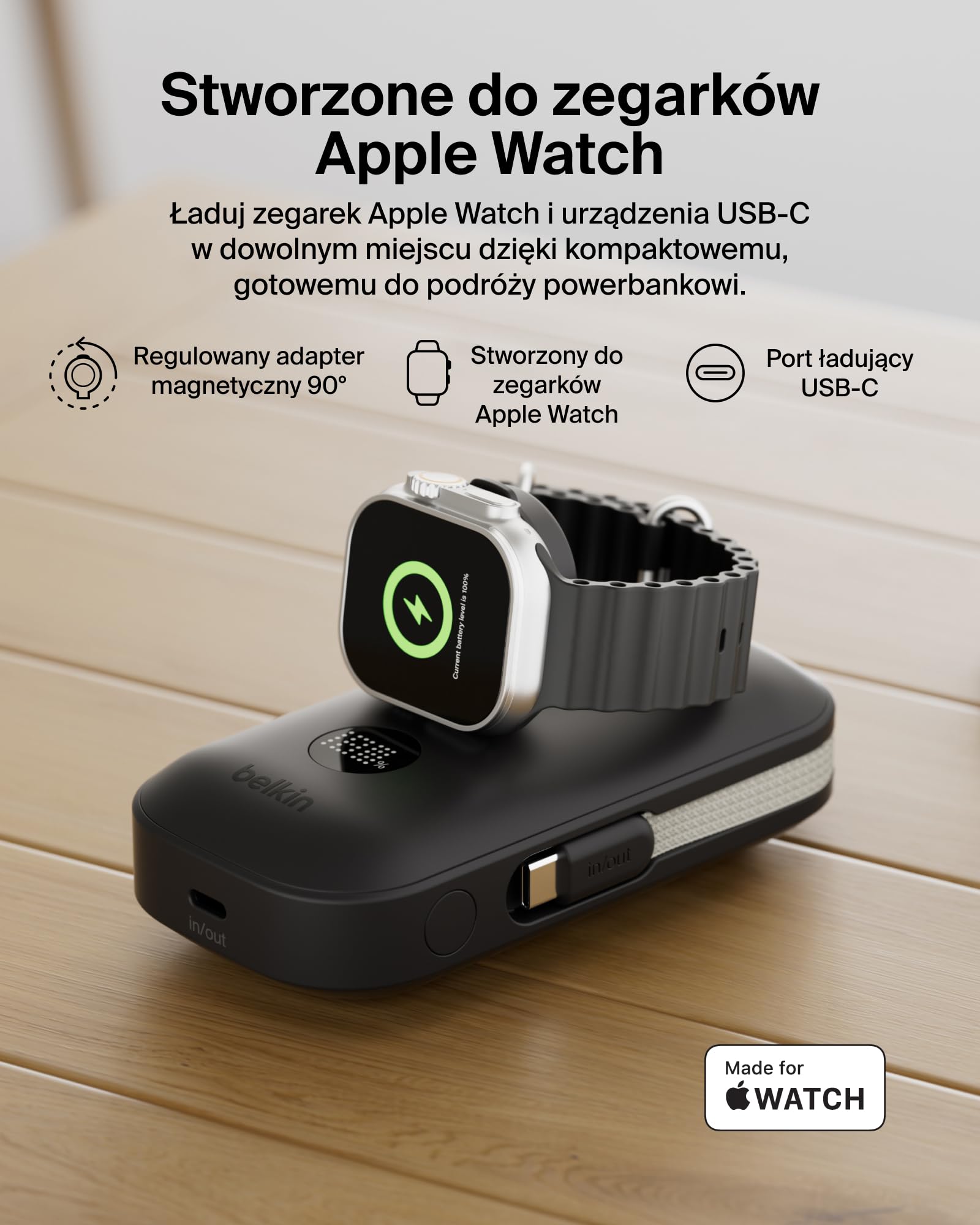 Belkin BoostCharge Pro Powerbank 10000mAh z Ładowarką do Zegarka Apple Watch, Przenośna Ładowarka z Wbudowanym Kablem USB-C w Oplocie i Wyświetlaczem Cyfrowym, 45 W, do Ładowania 3 Urządzeń – Czarny