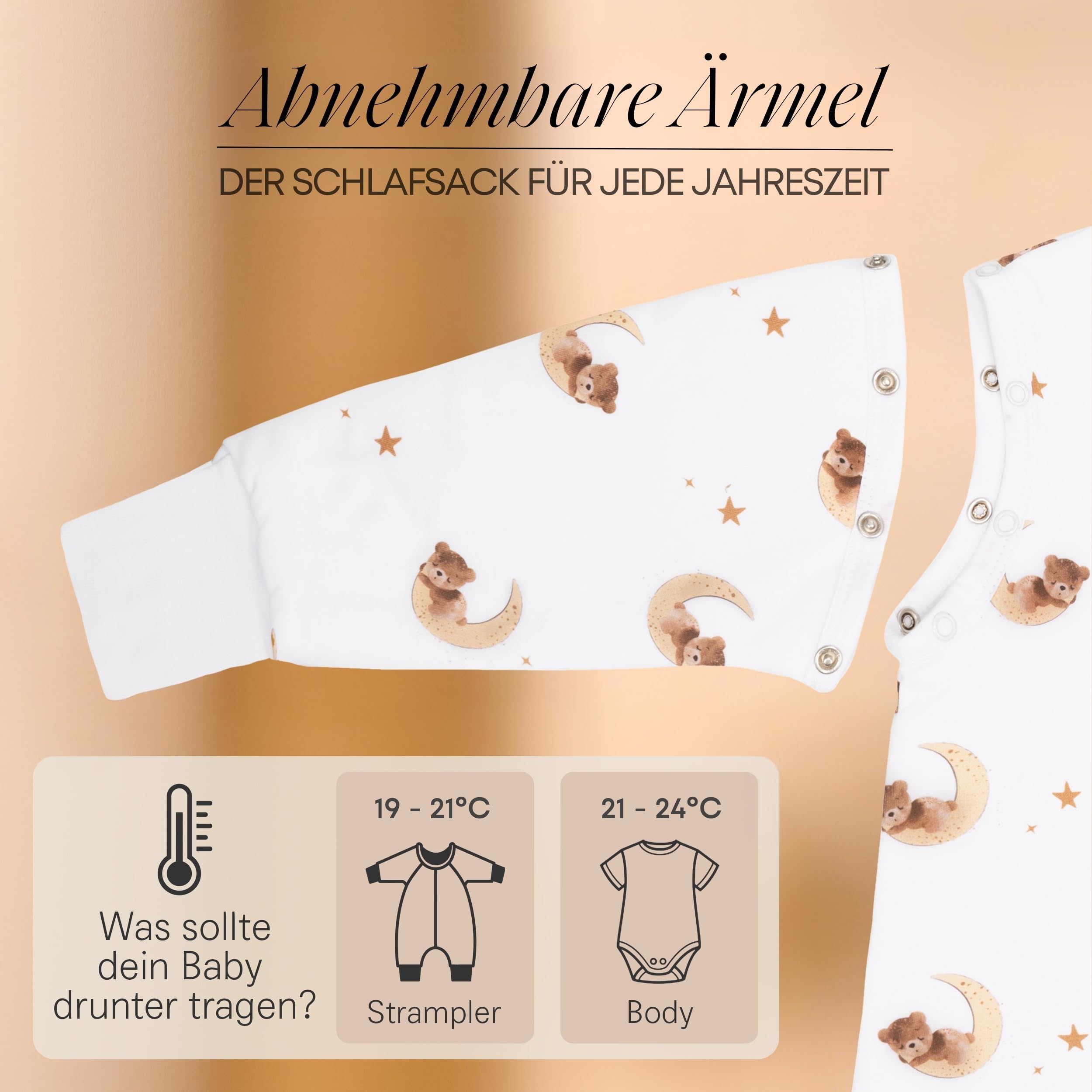 Saco de dormir para bebé de todo el año con pies y mangas desmontables – 1,5 TOG – 100% algodón orgánico GOTS – Saco de dormir infantil para todo el año con pies – puños plegables – Oso, 100