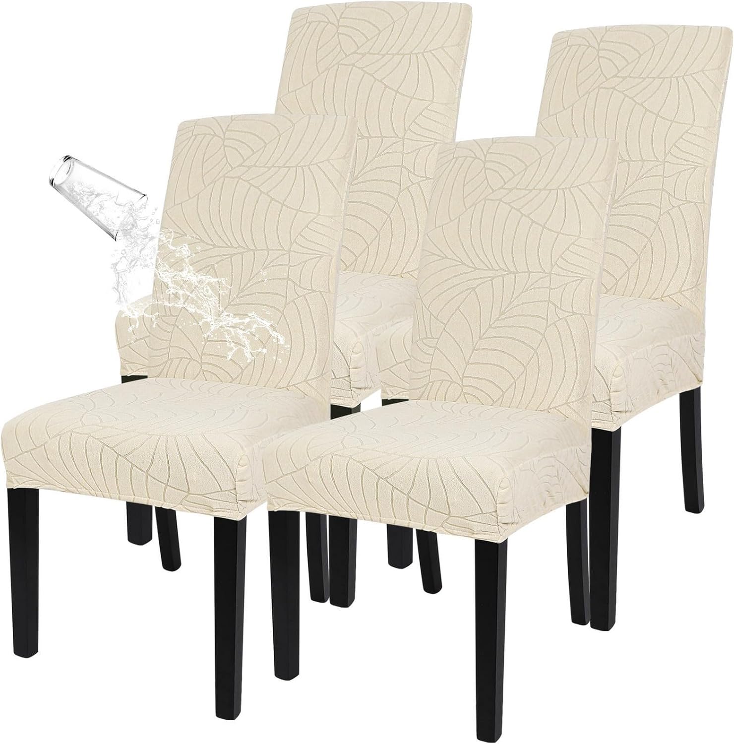 SearchI Waterproof Dining Room Chair Covers Set of 4, Stretch Jacquard Parsons Chair Slipcovers Removable Washable Kitchen Chair Protector for Dining Room, Hotel, Banquet(Beige Leaf)