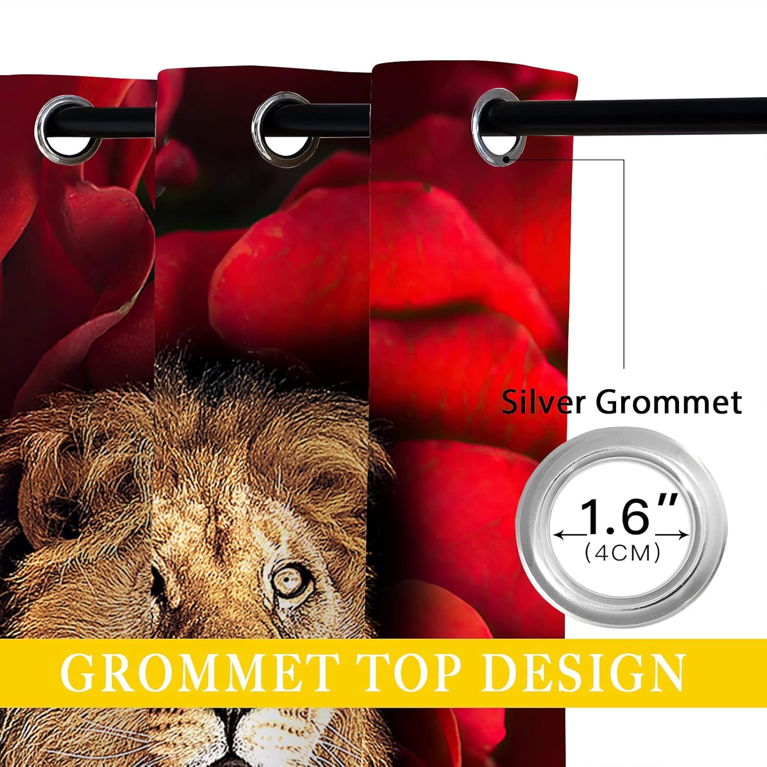 Lion Blackout Curtains for Girls Boy Home Decor, Red Rose Flowe Africa Wildlife Animal King Grommet Thermal Insulated Drapes Darkening Window Curtain for Bedroom Living Room, 42 x 45 Inch