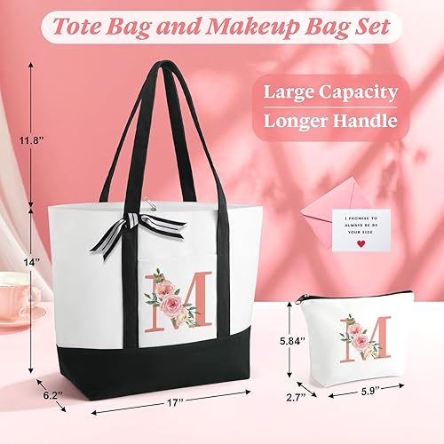 Miniatura 6 de Bolsa de playa grande con inicial floral con bolsa de maquillaje, bolsa de mano Can-vas para mujer, regalos personalizados para amigos de 50