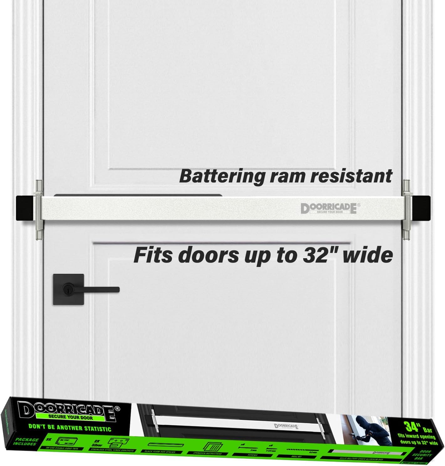 Doorricade Security Bar - Secure the Entire Width of Your Inward Opening Front or Safe Room Door - Fits Doors up to 32" Wide
