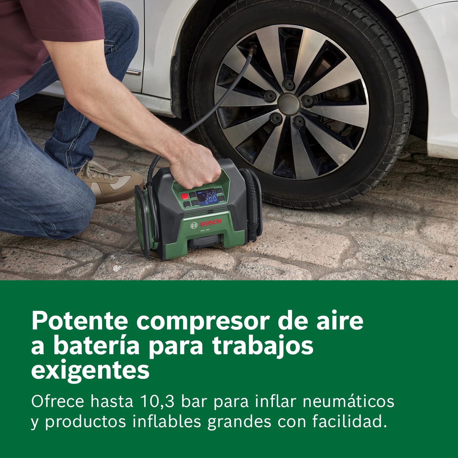 Bosch compresor de aire a batería PAO 18V (infla desde neumáticos a inflables grandes; clip aire comprimido válvula de neumáticos, válvula francesa, boquilla balones, adaptador volumen incl.)