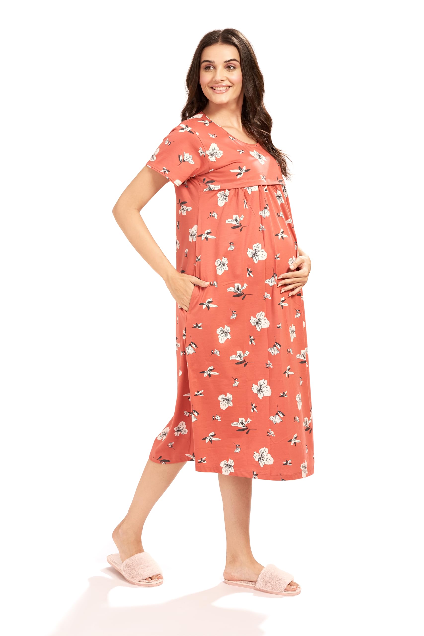 AV2 Women's Cotton Floral Calf Length Maternity Feeding Nighty (3095BM_brown_M) - Image 3 thumbnail