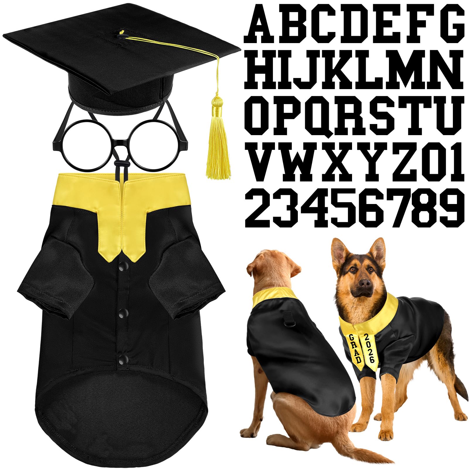 Huhumy 5 Pcs Dog Graduation Costume Set Include 2025 Pet Graduation Gown with Stole Puppy Grad Cap Lensless Glasses DIY Letter Stickers for Dogs Cats
