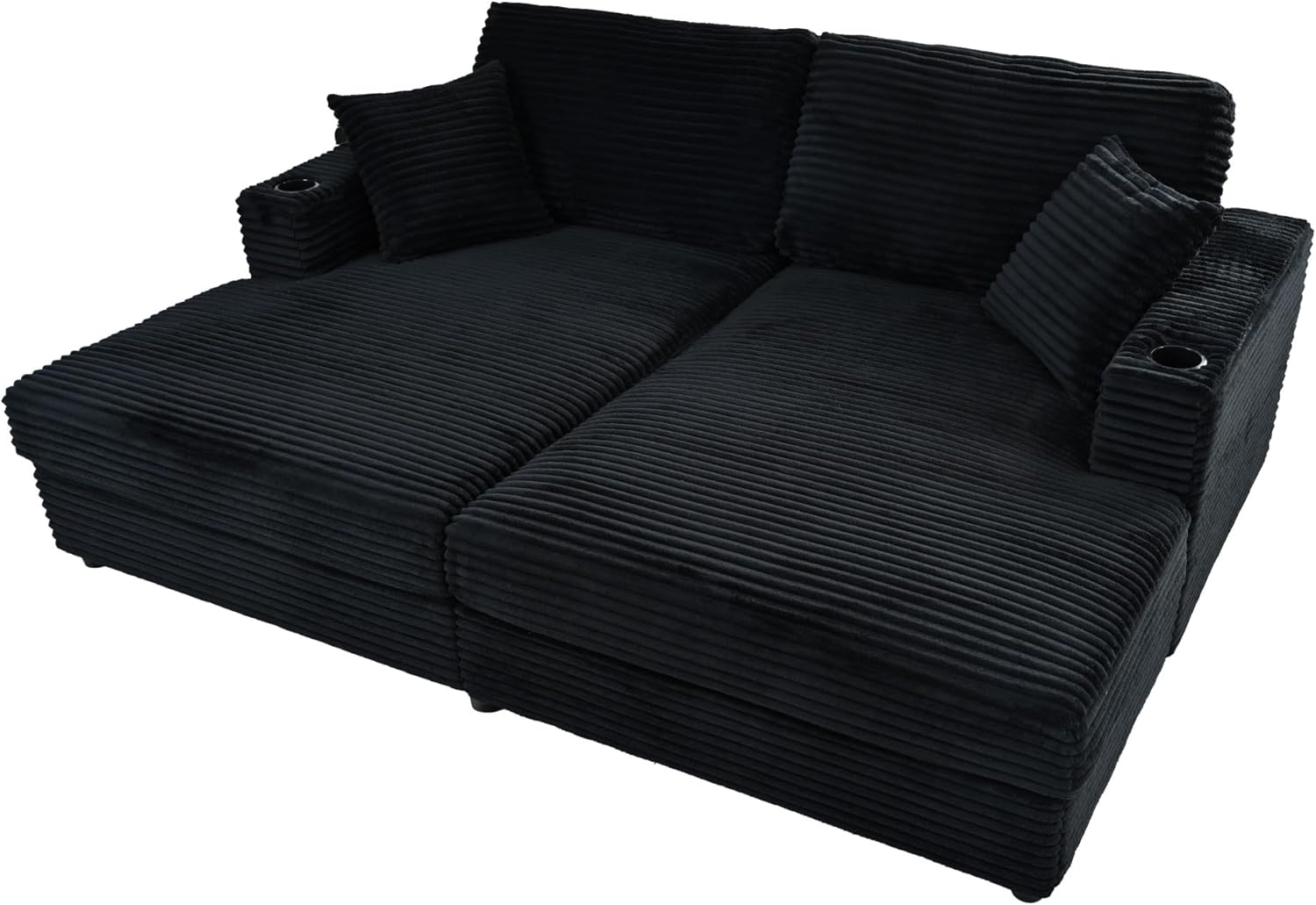 86.5" Oversized Loveseat Chaise Lounge, Corduroy Sleeper Sofa with Two USB Ports, Two Cup Holders and Two Throw Pillows, Suitable to Living Room, Bedroom, Office (Black#l)