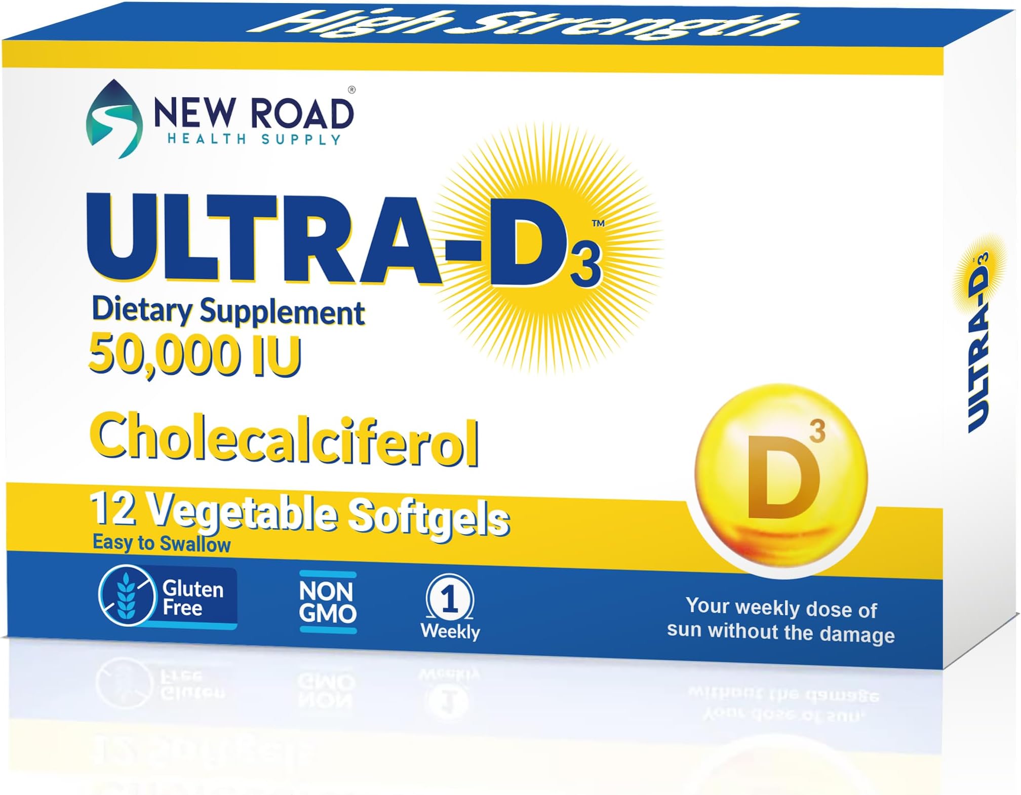 ULTRA-D3 New Road Health Supply, High-Potency Vitamin D3 50,000 IU, Once-Weekly Softgel, Supports Bone, Teeth & Immune Health, Easy-to-Swallow, Gluten-Free, 12 Count