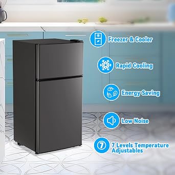 Fridge with Freezer Refrigerator Freezer Double Doors 7 Modes Temp Suit for Apartment Bedroom Office Dark Gray