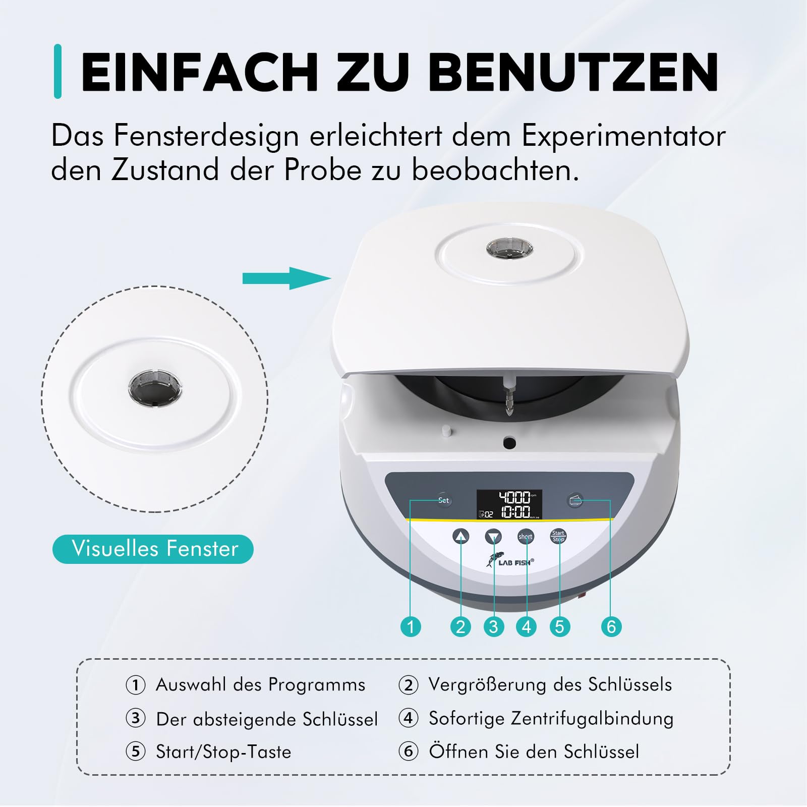 LAB FISH Labor Zentrifuge für 2ml 5ml 10ml 15ml Röhrchen, 500-5000 U/min Niedrigtourig, Max. 3074xg, 8-fach Rotor, Ideal für PRP/PRF