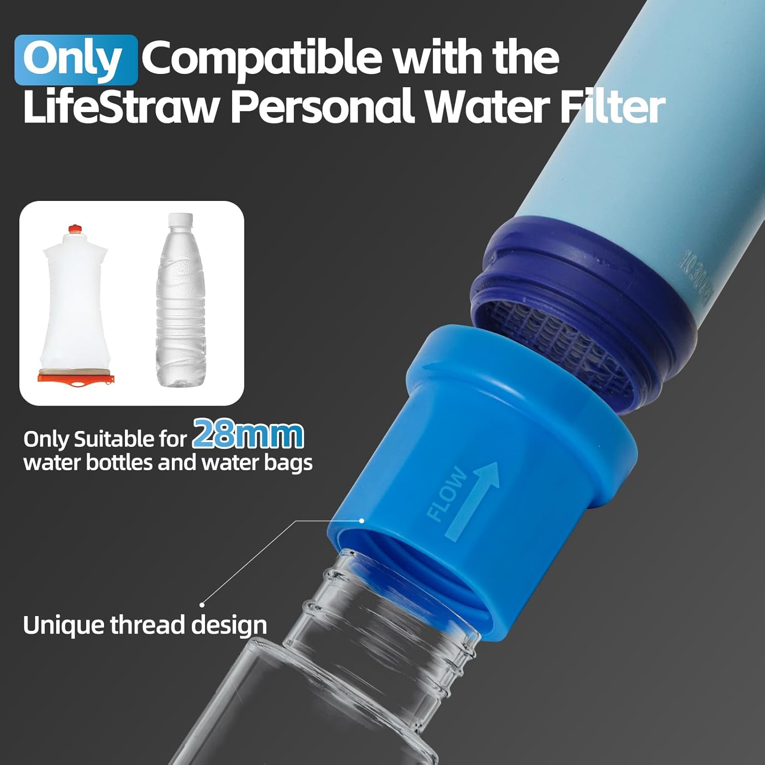 6 Pcs Water Filter Coupling Compatible with LifeStraw, Easy Drinking & Sharing, Unique Thread Fits 28mm Water Bottles & Bags, Portable Adapter Kit for Water Filtration System, Hiking Gear