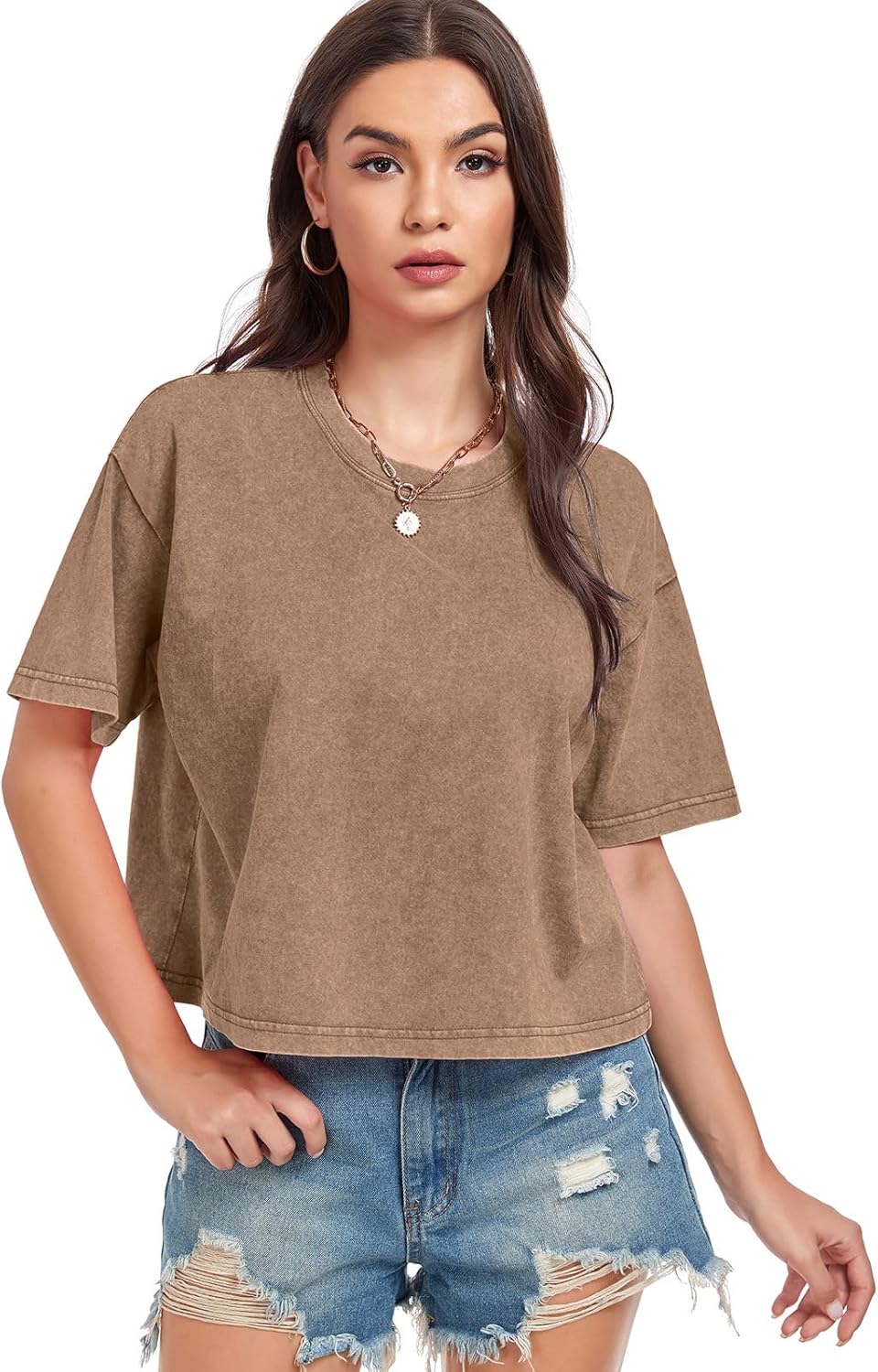 Womens Cropped Tops Acid Wash Short Sleeve T-Shirt Baggy Cotton Tee Vintage Round Neck Basic Tees Casual Shirts - Image 3