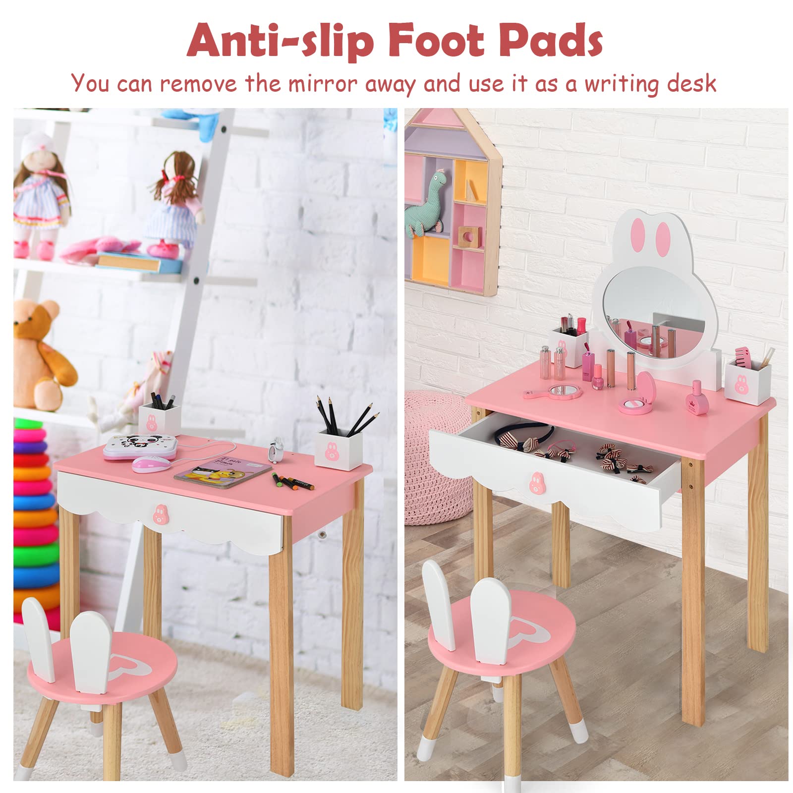 Tocador Madera Rosa Blanco Tocador Infantil 2 En 1 LIFEZEAL Con Espejo Extraíble - Para Niñas 3 Años, Rosa Y Blanco, Capacidad 50 Kg, 10 Accesorios Tocador Maquillaje
