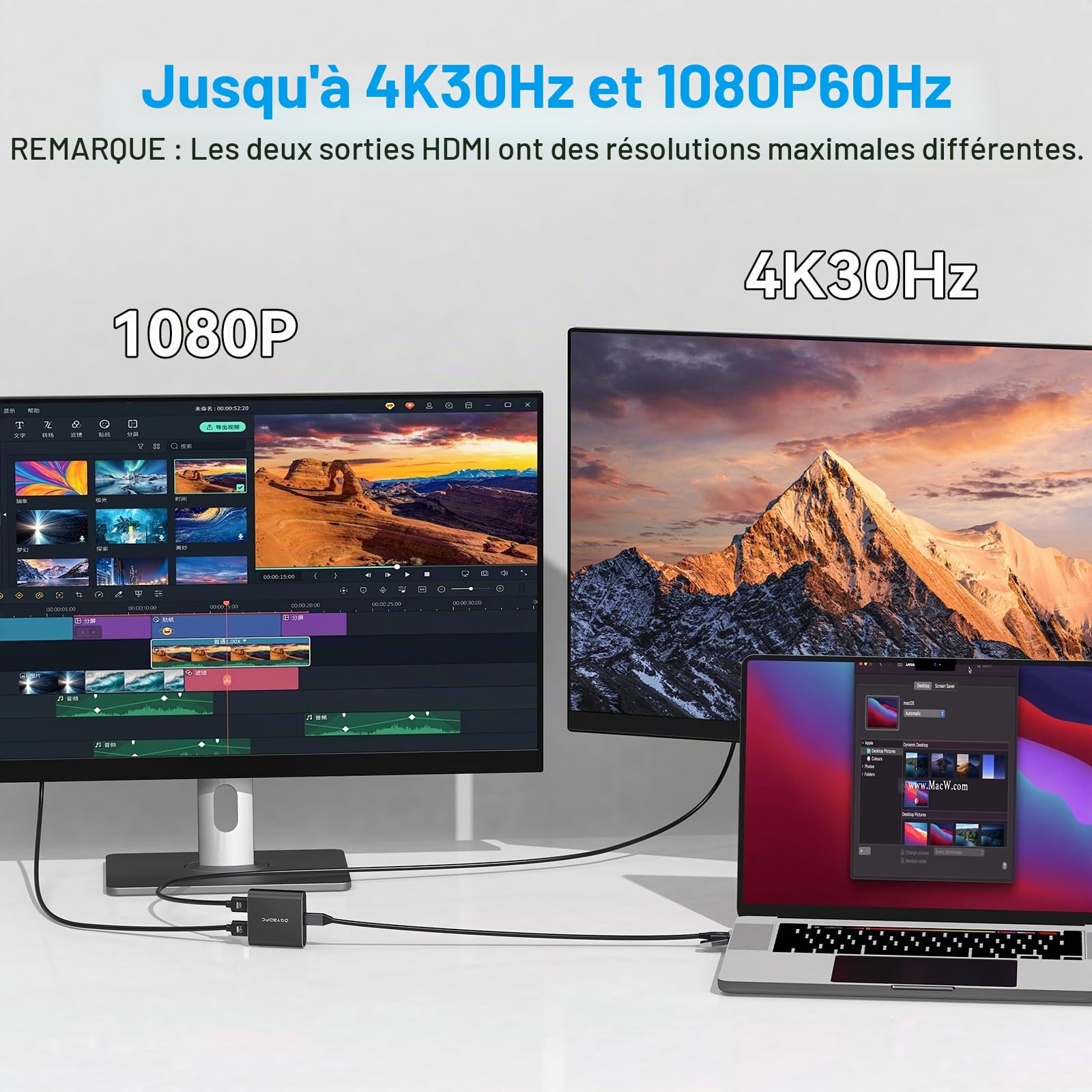 Adaptateur USB 3.0 vers HDMI 1 in 2 Out Extended Display Dual Monitors USBA & USBC vers 2 HDMI Splitter 4K 30Hz+1080p 60Hz pour Ordinateur Portable MacOS Supporte Le Mode MST/SST