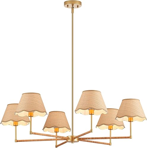 Miniatura 9 de Lámpara colgante de ratán bohemio de 39 pulgadas, 6 luces, lámpara colgante industrial rústica, grande, ajustable, accesorios de iluminación para