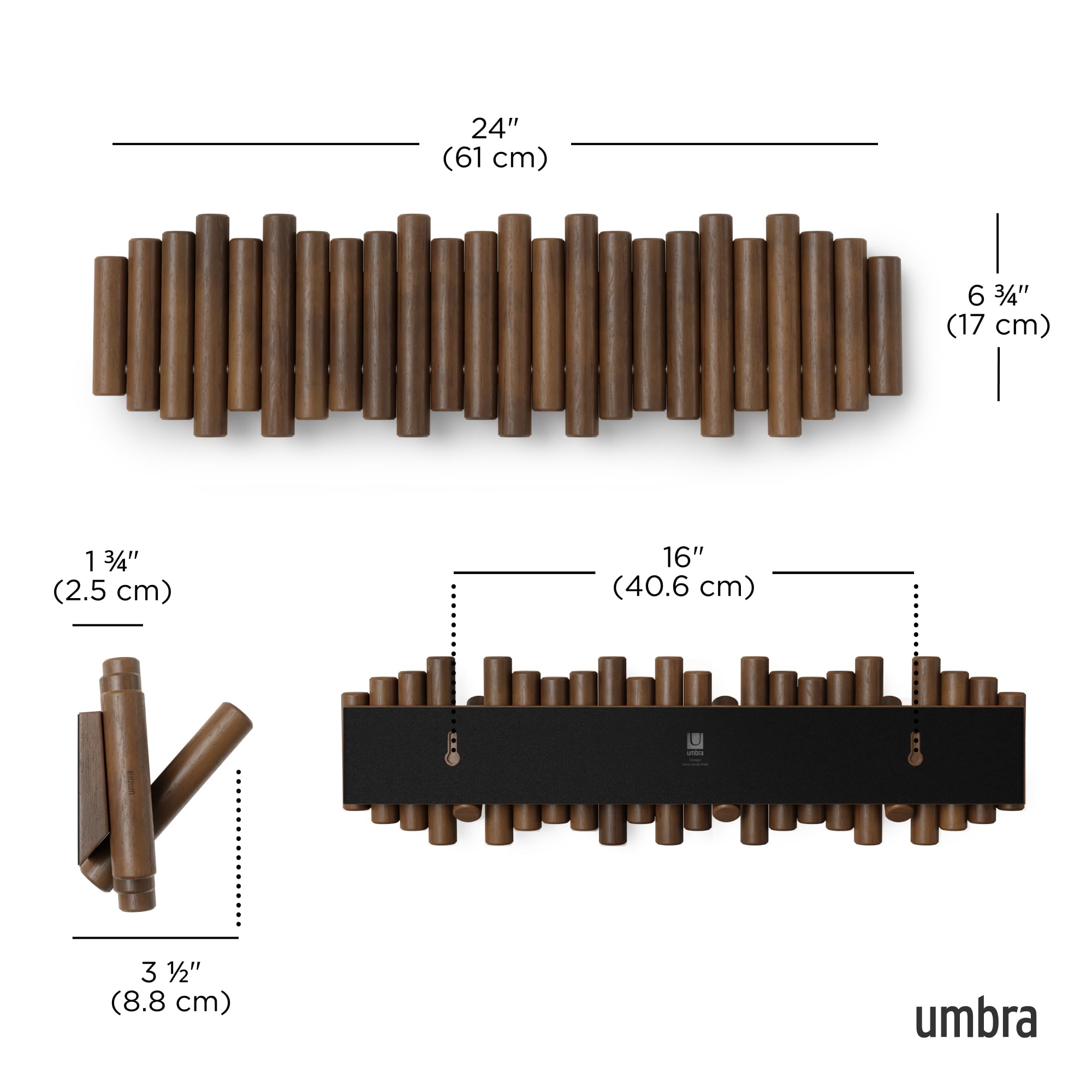 Umbra Picket Garderobenhaken mit 8 Haken - Garderobenleiste und Moderne Wand Dekoration mit 8 Klapphaken aus geschliffenem Kiefernholz – Bild 3