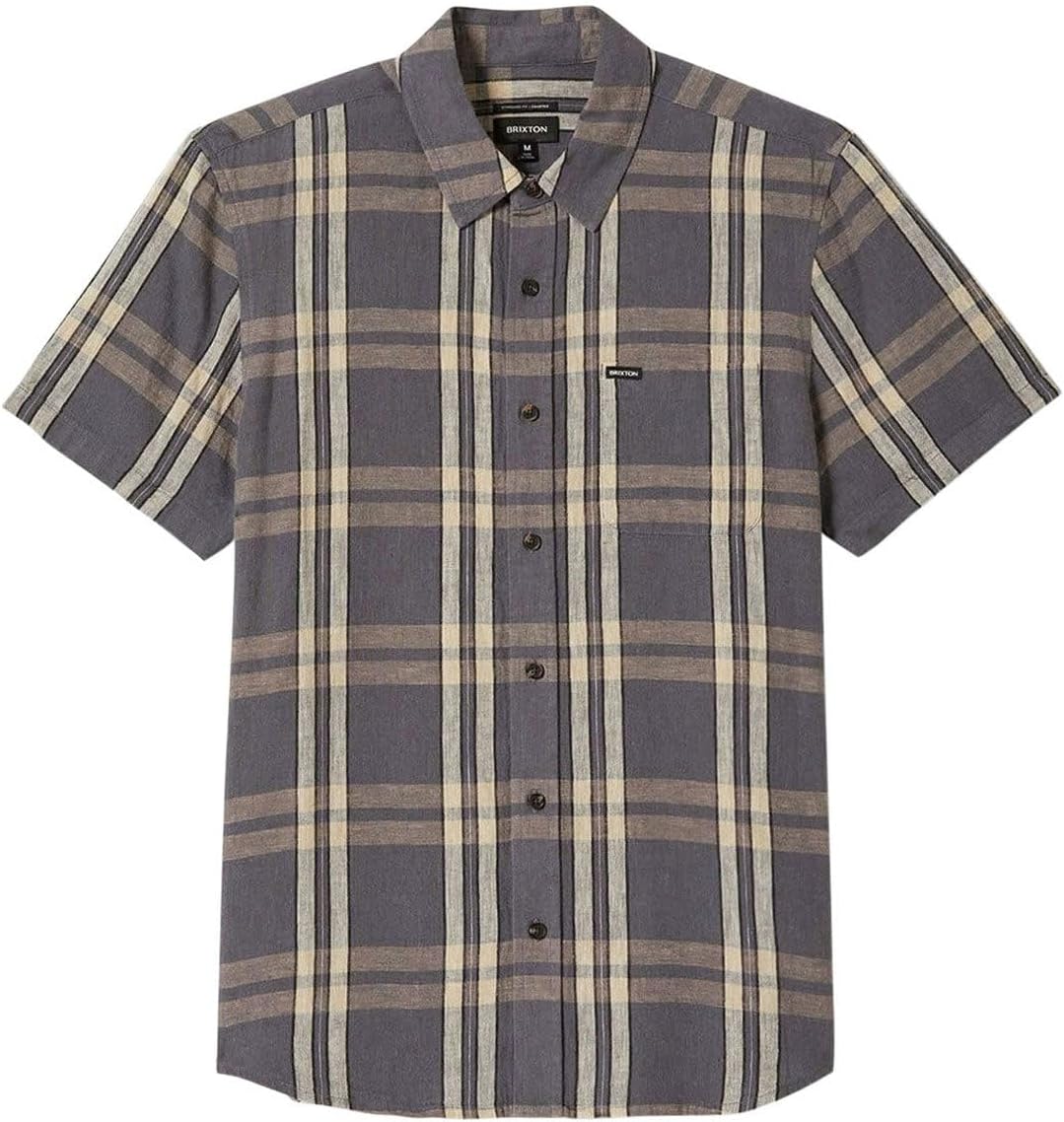 Men's Charter Linen Blend S/S Shirt in Charcoal/Beige Plaid