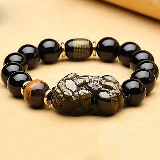 Double Pixiu/Piyao Tiger Eye Beaded Bracelets Natural Golden Obsidian Black Obsidian Gemstone Healing Energy Bracelet Adjustable Feng Shui Wealth Bracelet,6,12MM