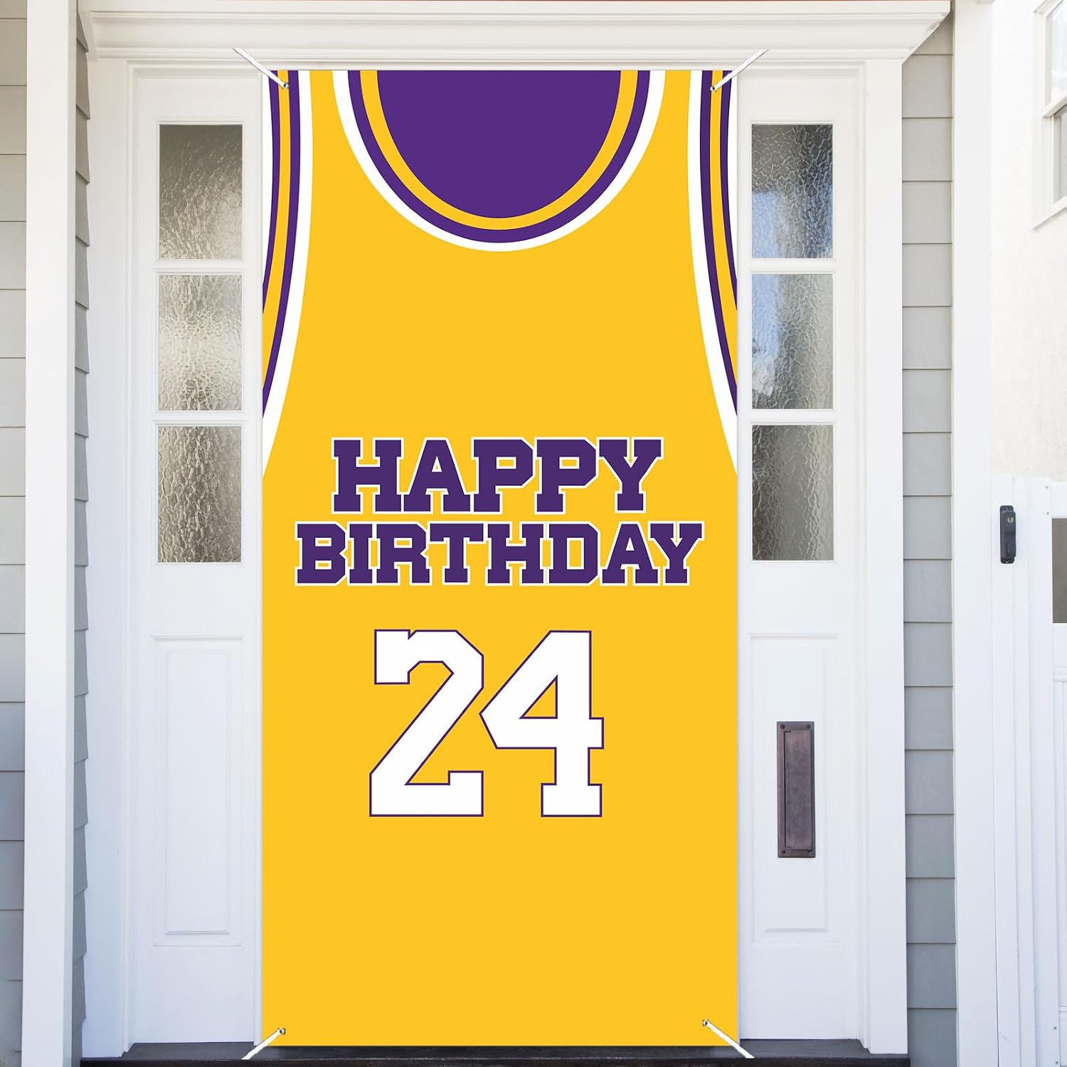 Happy Birthday 24 Banner Backdrop Purple Gold Basketball Star Player Sports Theme Decorations Decor for Men Boys 24th Birthday Party Supplies Photo Booth Props Favors Background Flag