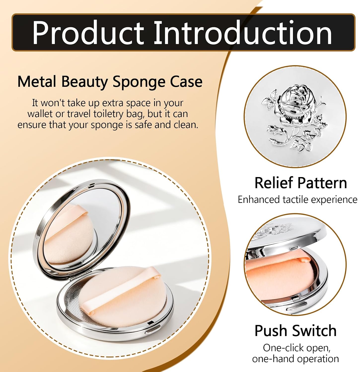 Fashion Creative Luxury Metal Beauty Sponge Case, Rose Gold Pattern, 7 cm Compact Mirror Case with Puff, Travel Makeup Powder Holder (Silver)