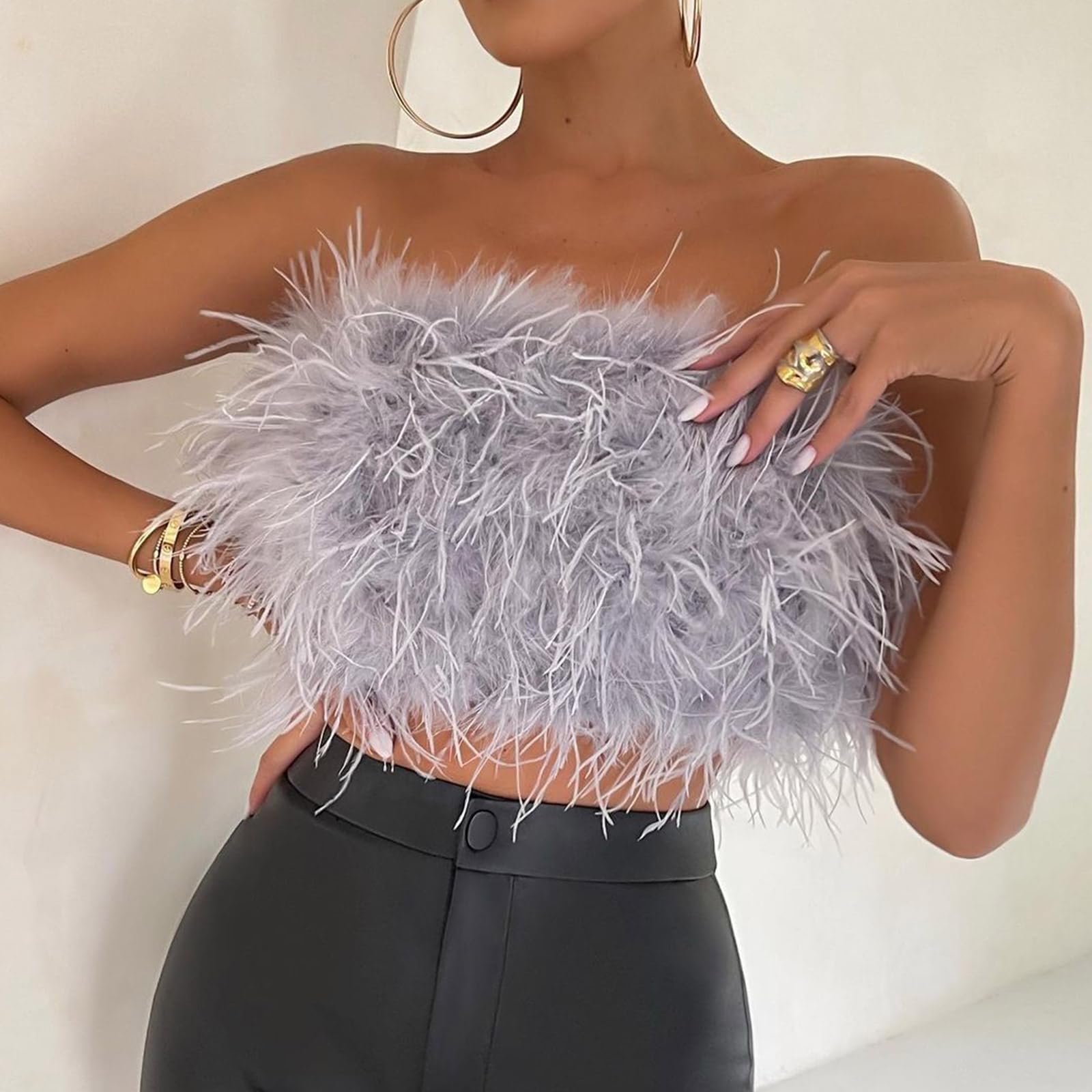 Donne Pellicce Sintetiche Piuma Crop Top Senza Spalline Fascia Tubo Top Peluche Estetica Cami Vest Canotte Clubwear Peluche Cami Vest Tank