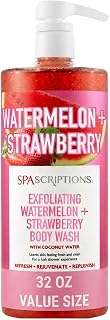 SpaScriptions Watermelon & Strawberry Exfoliating Body Wash - 32 fl oz Scented Natural Daily Cleanse Body Scrub Gel with Moisturizing Coconut Water for Smooth Radiant Refreshing Skin, Paraben Free