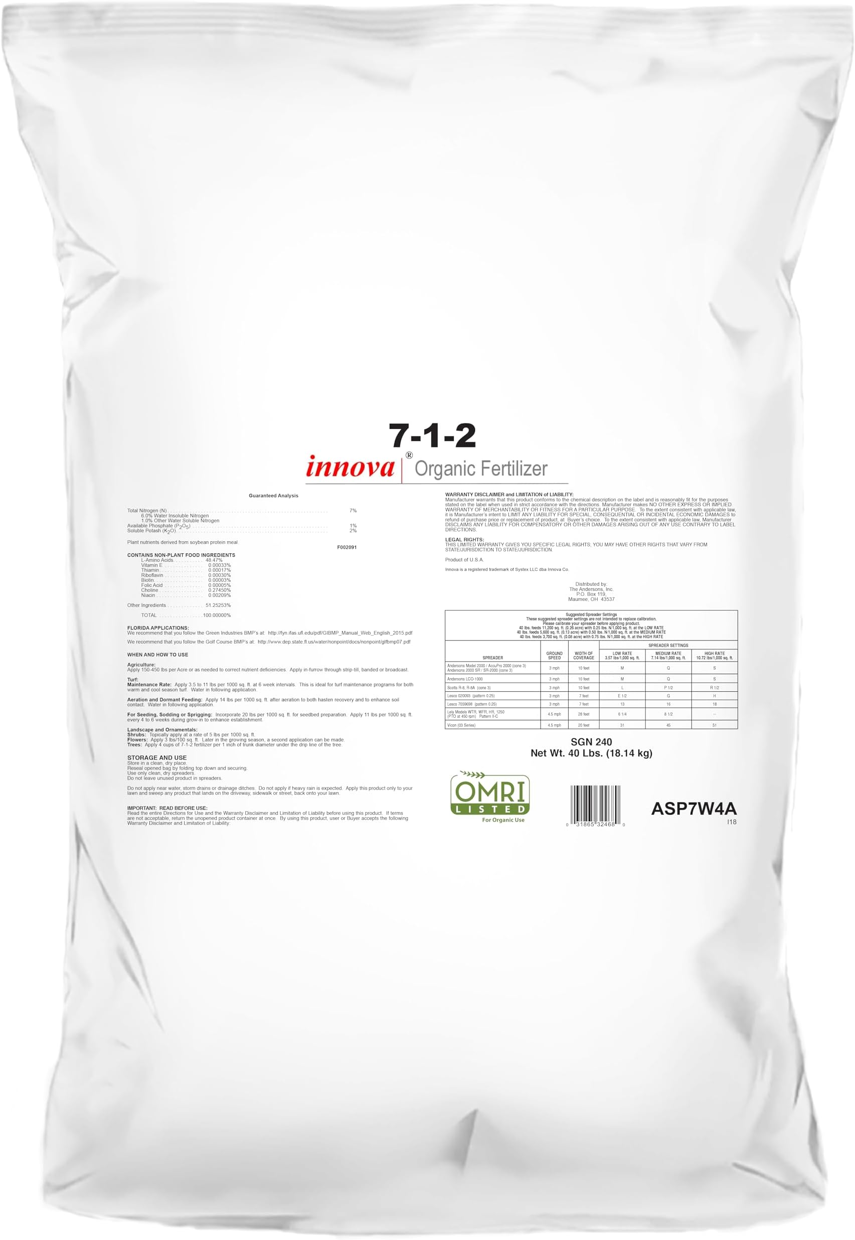 The Andersons 7-1-2 Innova Premium Organic Fertilizer - Safe for Kids & Pets 5,600 sq ft (40 lbs)