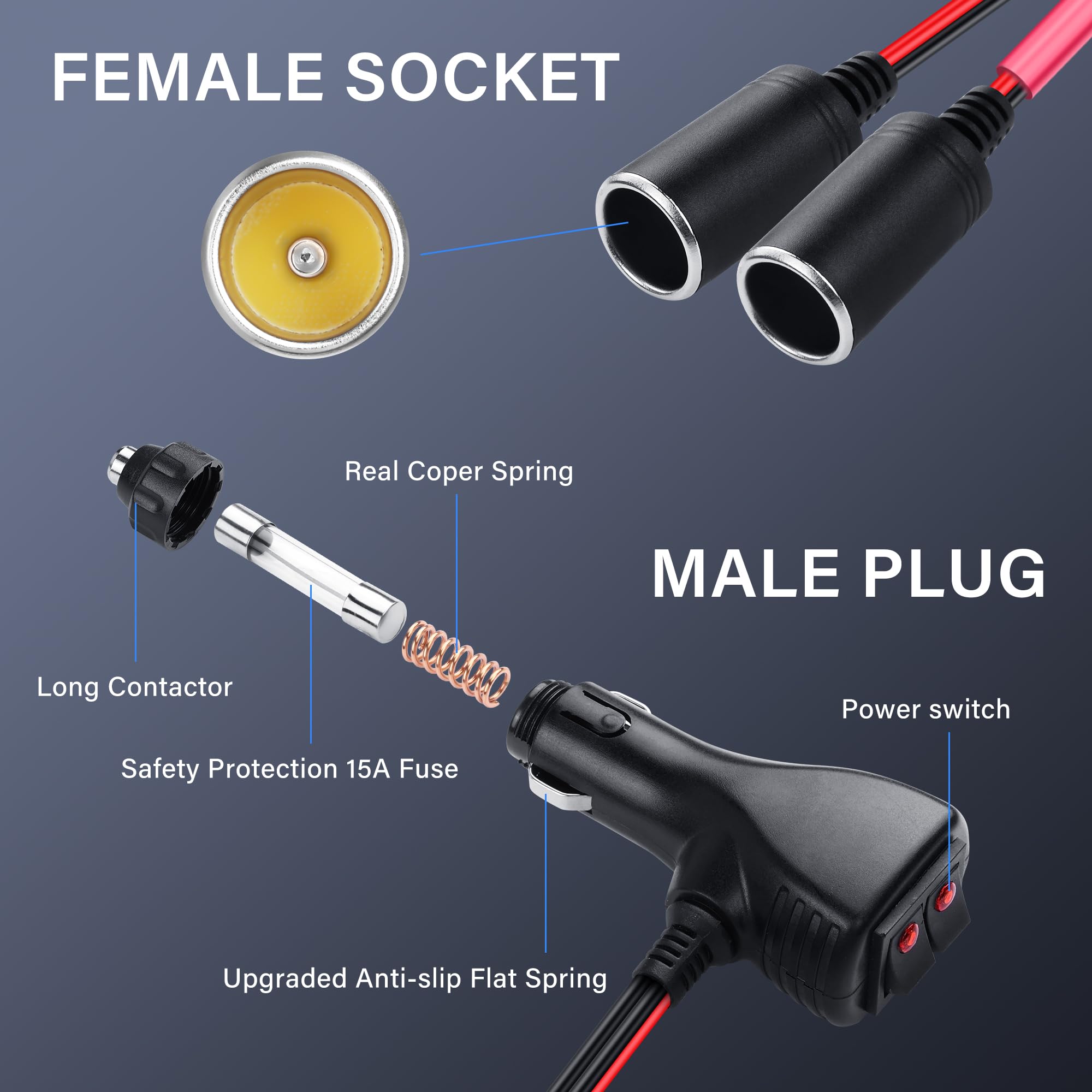 SinLoon Adapter rozdzielacza zapalniczki samochodowej 12 V z 2 niezależnymi przełącznikami, zapalniczka 16AWG, 1 gniazdo męskie na 2 żeńskie, rozdzielacz Y, kabel zasilający z bezpiecznikiem 15 A, 0,3