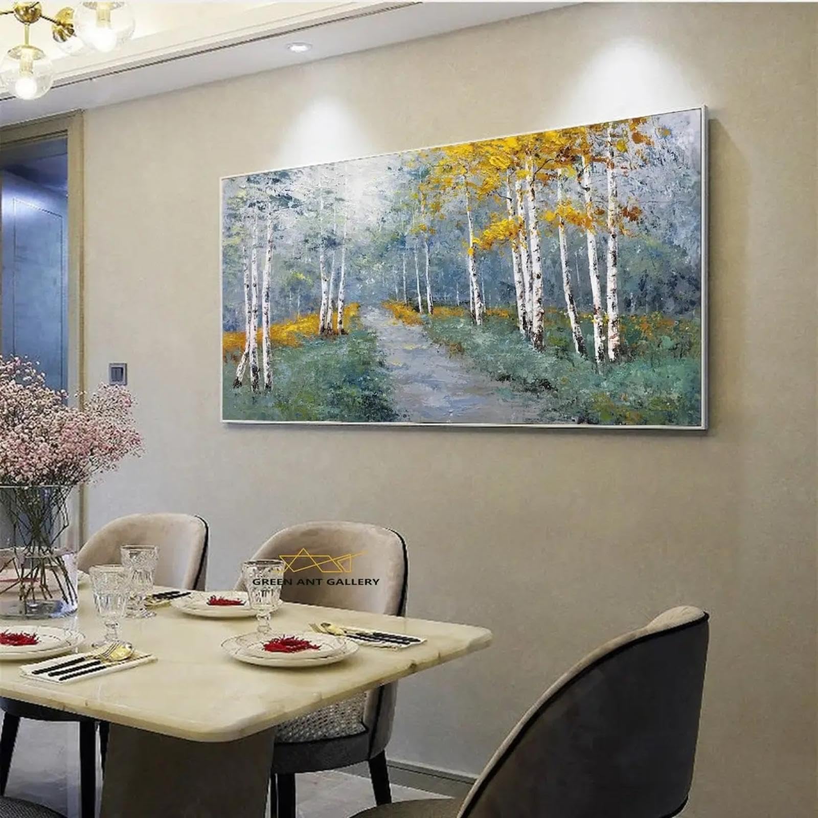 JACBON Birch Tree Oil Painting On Canvas Yellow Autumn Birch Forest Landscape Artwork Silver Birch Tree Wall Decor Living Room 80x160cm Frameless