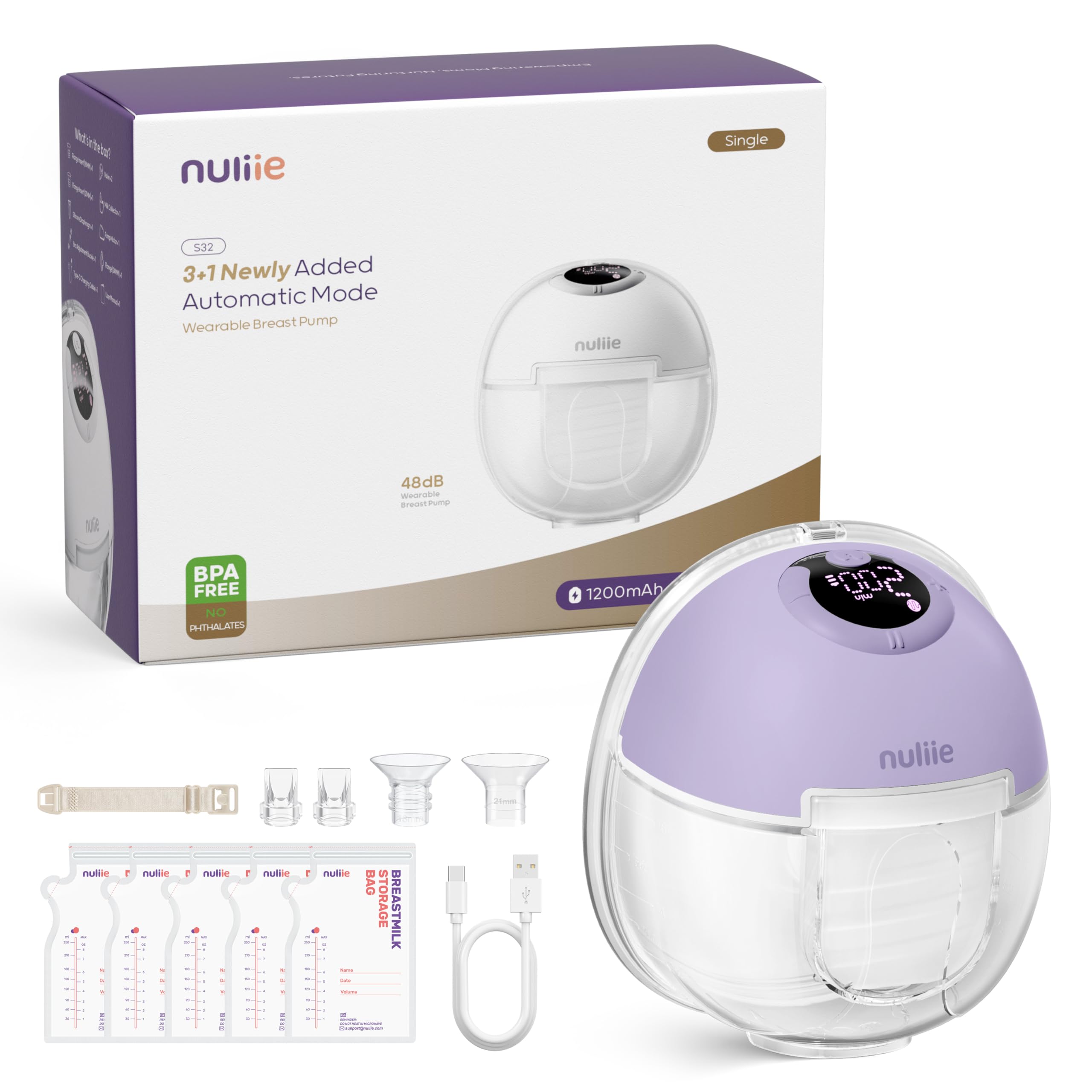 Nuliie Milchpumpe Elektrisch tragbare S32, Elektrische milchpumpe freihändig 4 Modi 9 Stufen mit 13/15/17/19/21/24 mm komfortabler Flansch, Privat, mit Ersatzzubehör im Lieferumfange