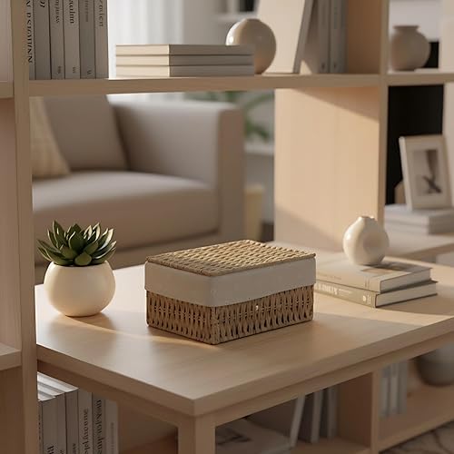 Miniatura 4 de Cesta de almacenamiento de cuerda de papel caqui tejida a mano con tapa, caja organizadora de tejido neutro medio con marco de metal para